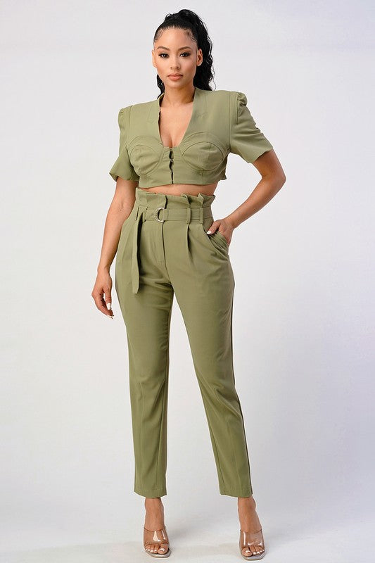 Two piece pants set with belt