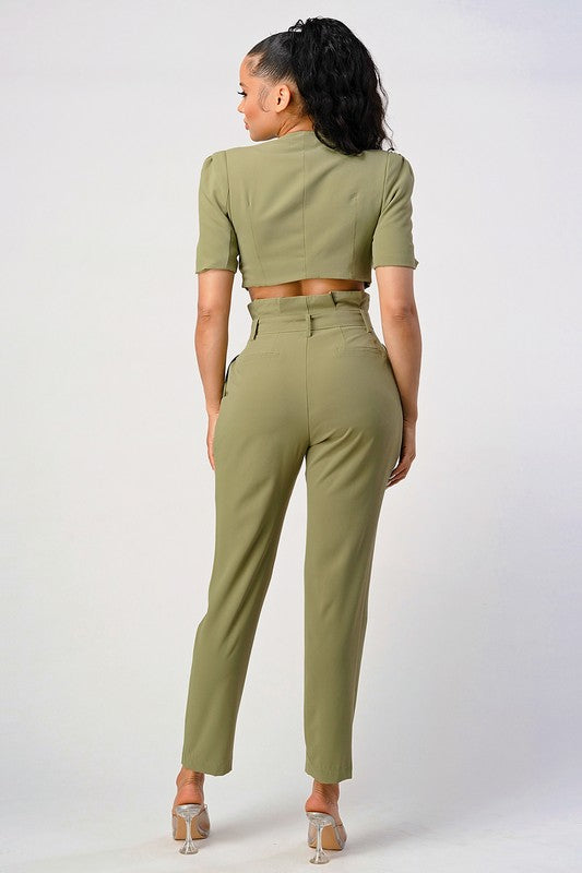 Two piece pants set with belt