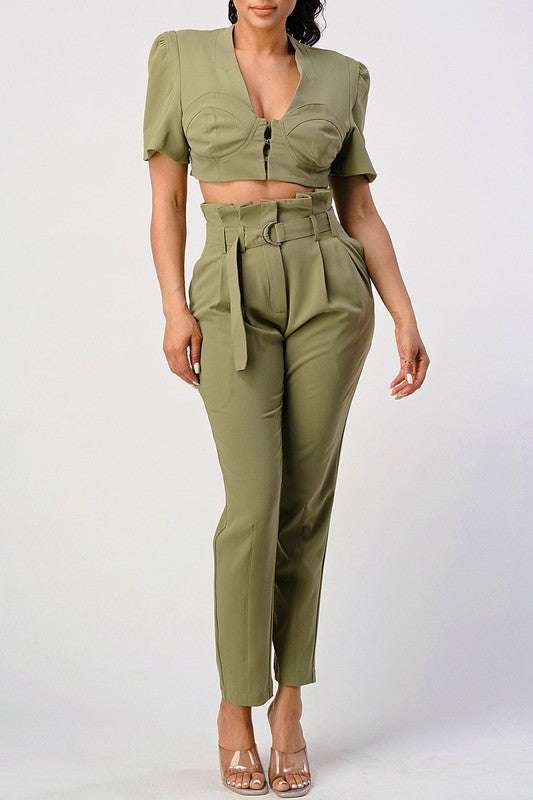 Two piece pants set with belt