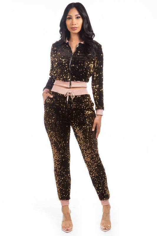 Sexy Sequin Two Piece Pants Set