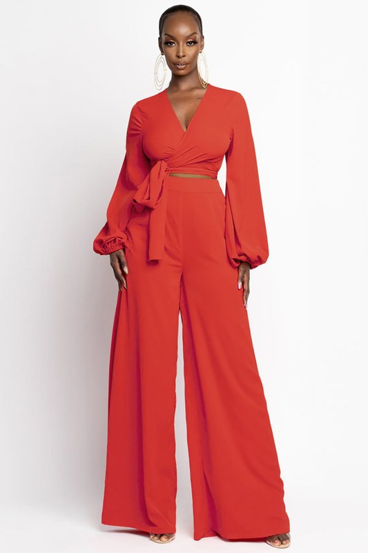 1 Red Long Sleeve Wide Leg Pants Set