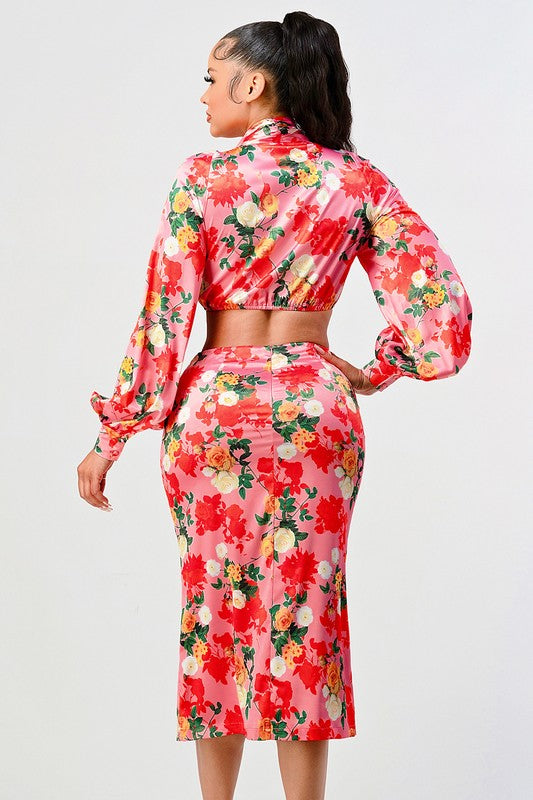 Rose garden long sleeve crop top and skirt set