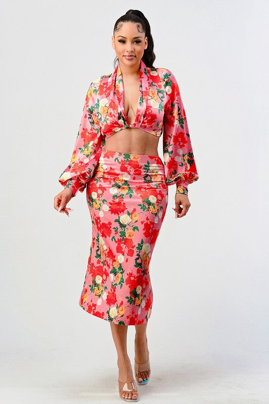 Rose garden long sleeve crop top and skirt set