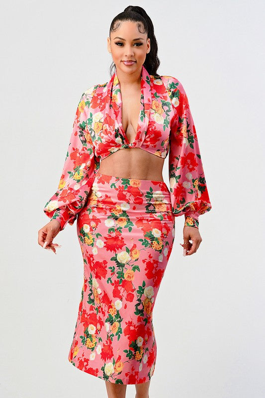 Rose garden long sleeve crop top and skirt set