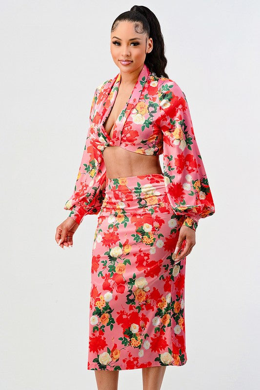 Rose garden long sleeve crop top and skirt set