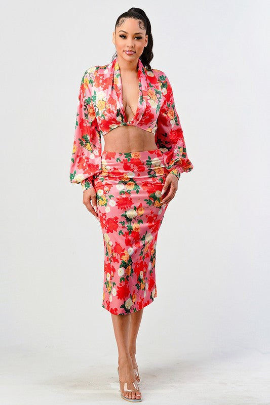 Rose garden long sleeve crop top and skirt set