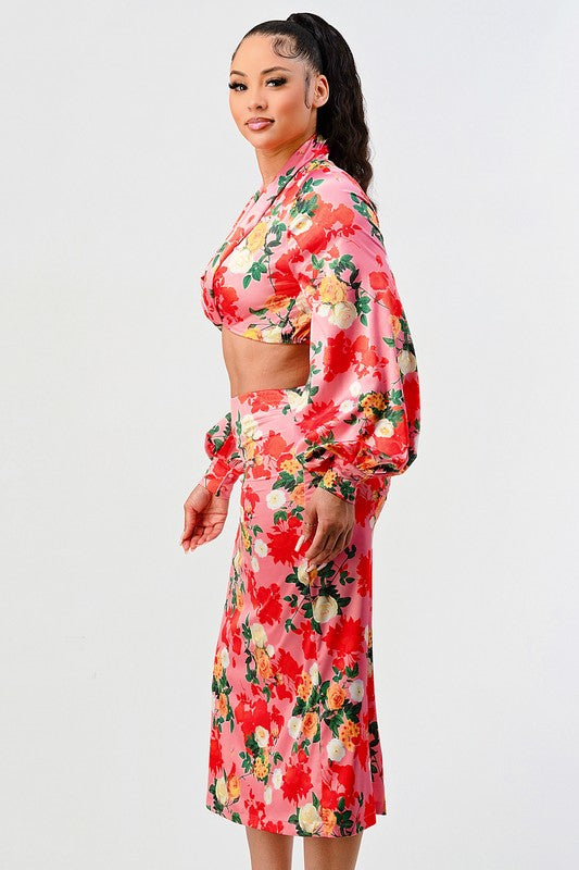 Rose garden long sleeve crop top and skirt set