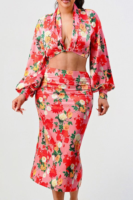 Rose garden long sleeve crop top and skirt set