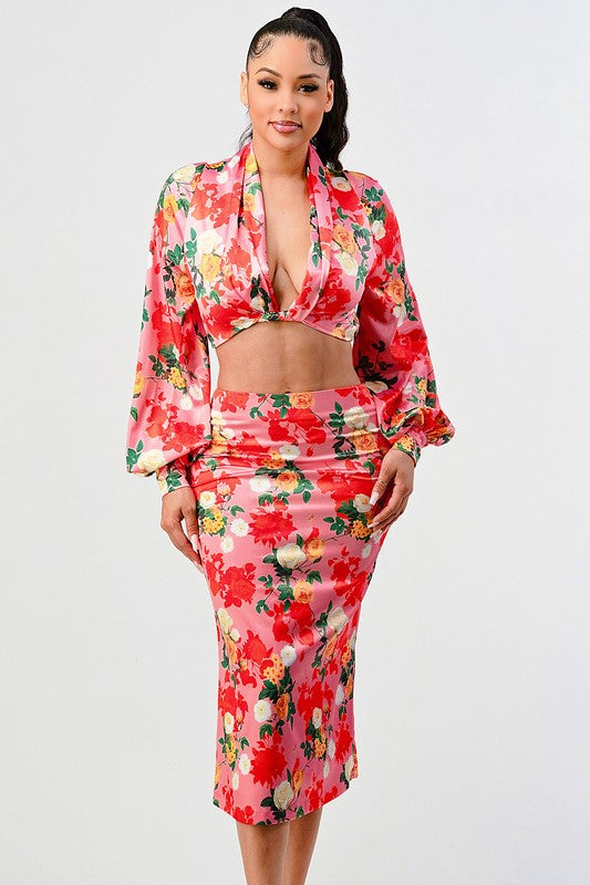 Rose garden long sleeve crop top and skirt set