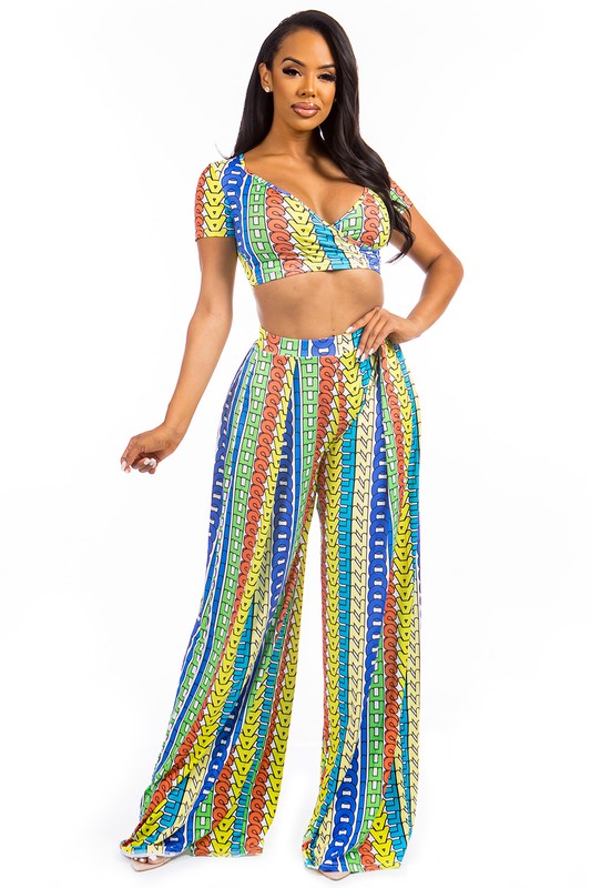 1 Green Multi Color Wide Leg Pants Set