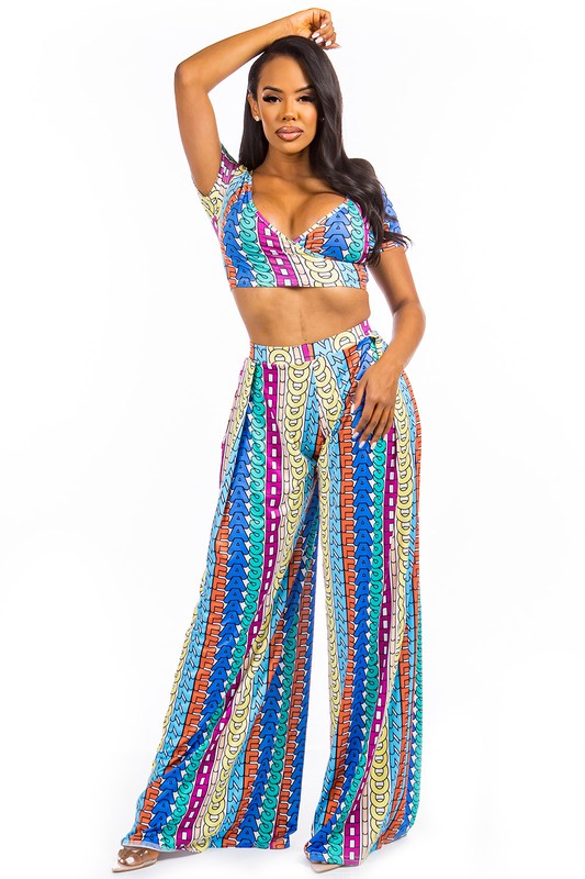 1 Blue Multi Color Wide Leg Pants Set