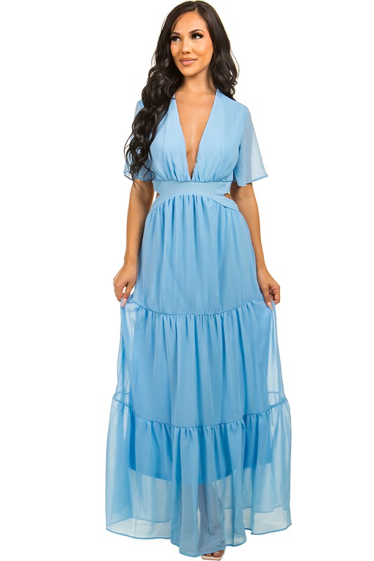 Deep V-Neckline Chiffon Maxi Dress