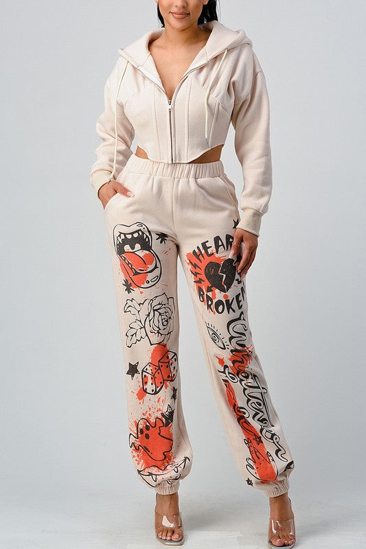 Casual Jacket and Graphic Pants Set