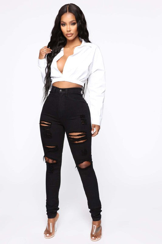 Black Multi-Cut-Off Denim Jeans