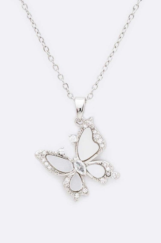 MOP Butterfly CZ Pendant Necklace