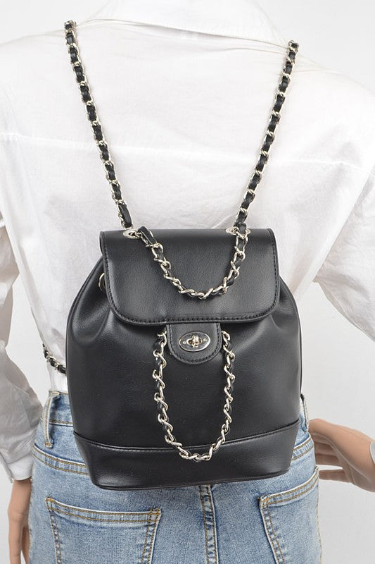 1A Faux Leather Chain Accent Fashion Backpack