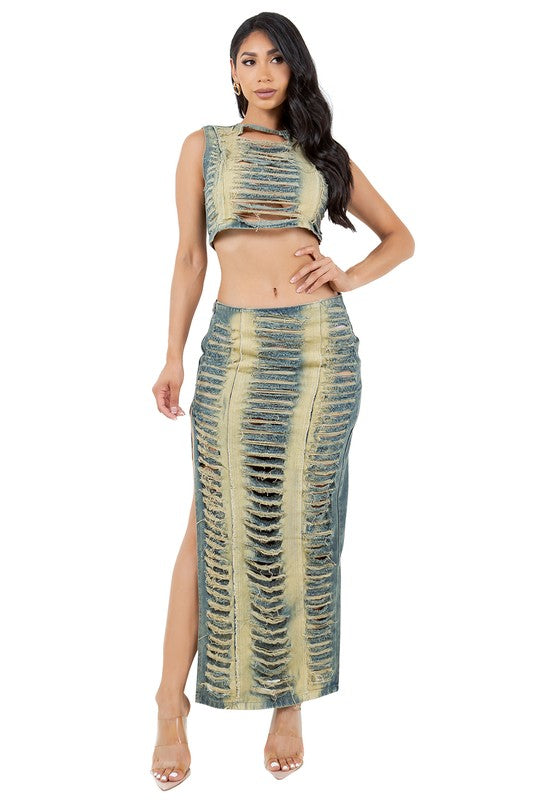 Long Blue Denim Two Piece Skirt Set
