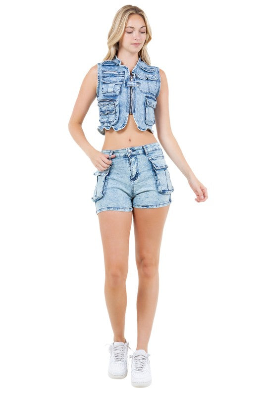 Blue Denim Sleeveless Short Set
