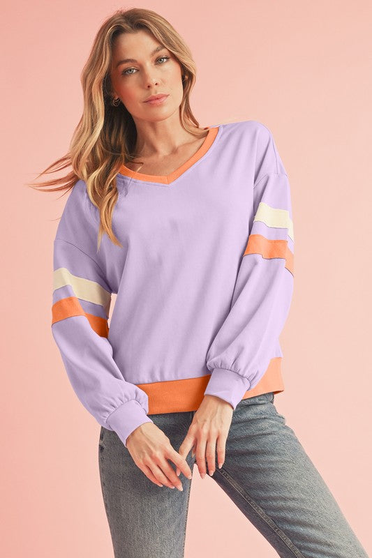 Rib Patchwork Drop Shoulder V Neck Sweatshirt