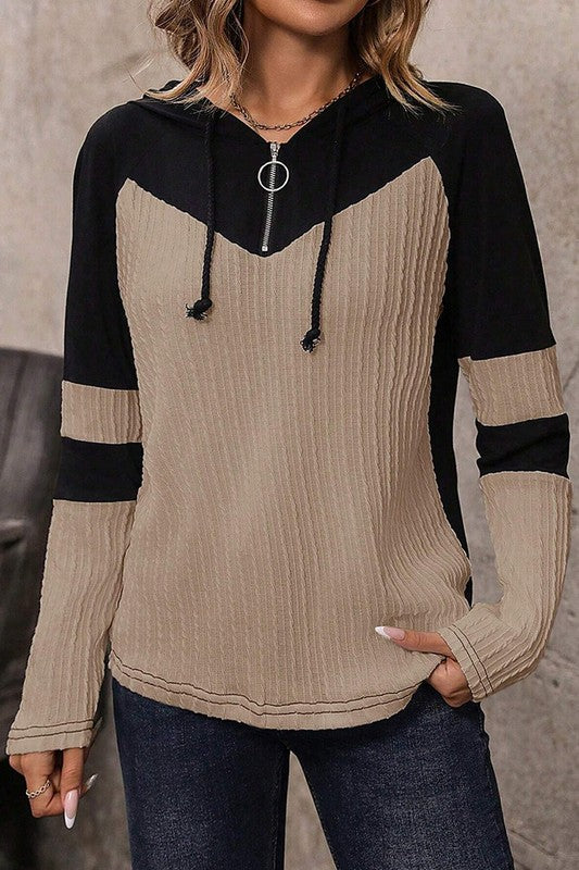 Colorblock Long Sleeve Zip Drawstring Hooded Top