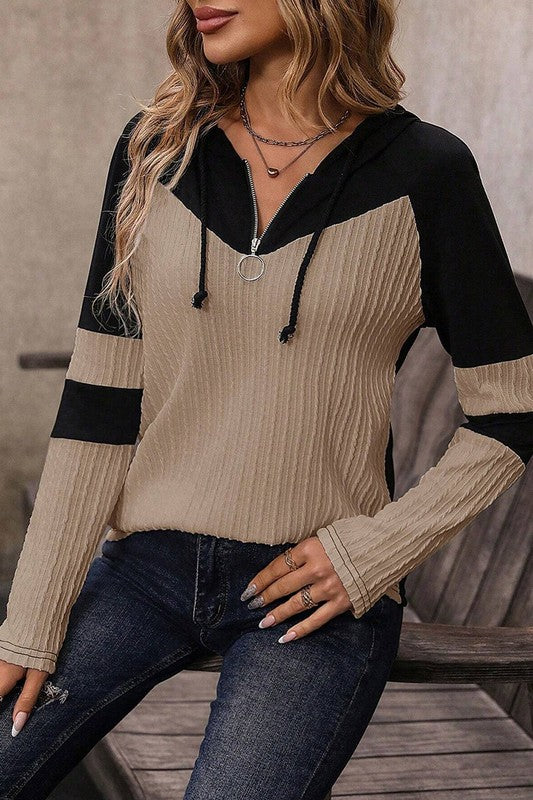 Colorblock Long Sleeve Zip Drawstring Hooded Top