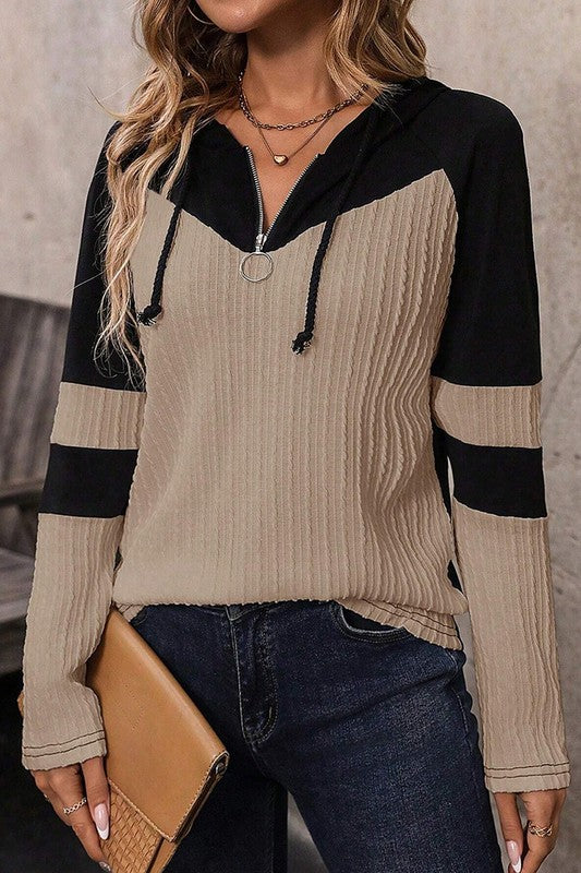 Colorblock Long Sleeve Zip Drawstring Hooded Top