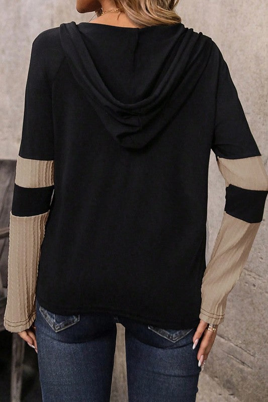 Colorblock Long Sleeve Zip Drawstring Hooded Top