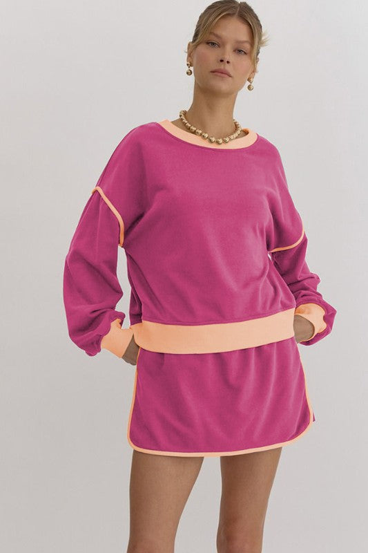 Color Loose Pullover and Lace-up Waist Skort Set
