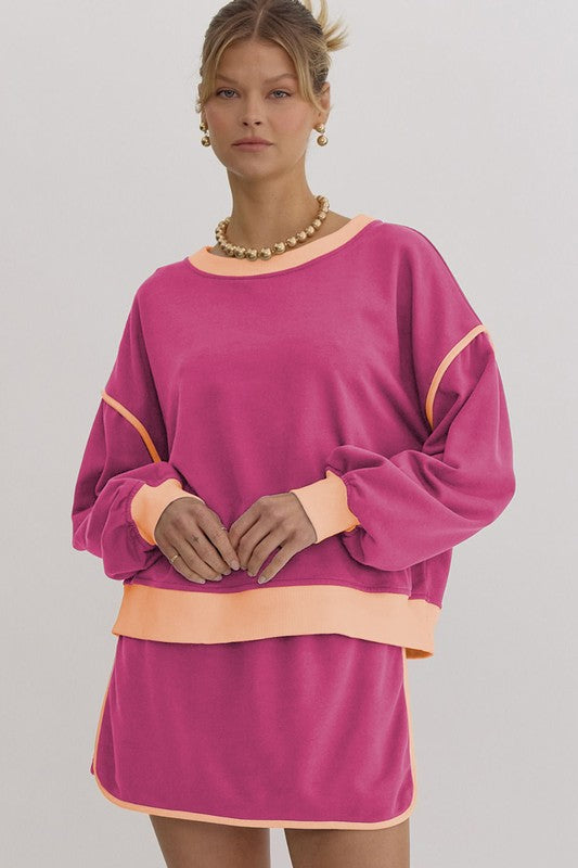 Color Loose Pullover and Lace-up Waist Skort Set