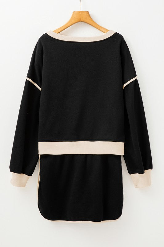 Color Loose Pullover and Lace-up Waist Skort Set