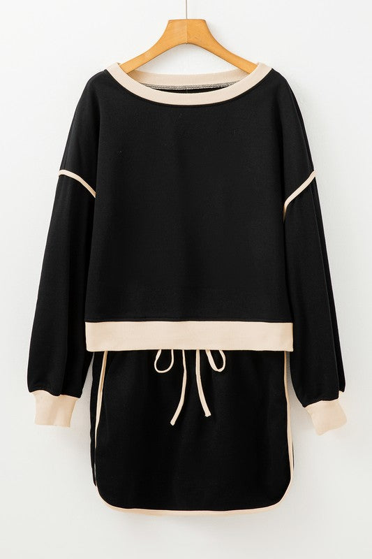 Color Loose Pullover and Lace-up Waist Skort Set