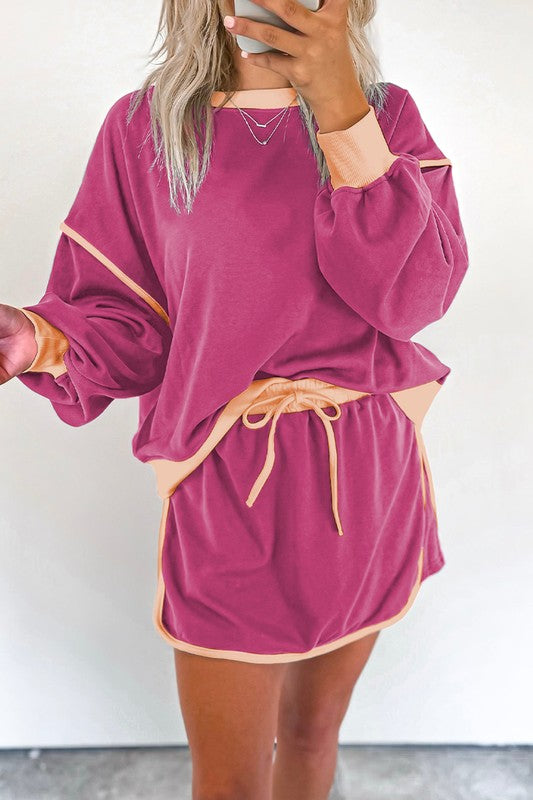 Color Loose Pullover and Lace-up Waist Skort Set