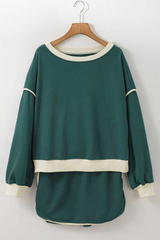 Color Loose Pullover and Lace-up Waist Skort Set