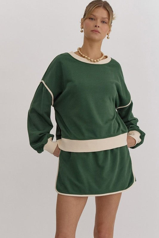 Color Loose Pullover and Lace-up Waist Skort Set