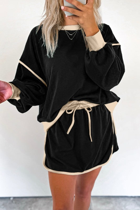 Color Loose Pullover and Lace-up Waist Skort Set