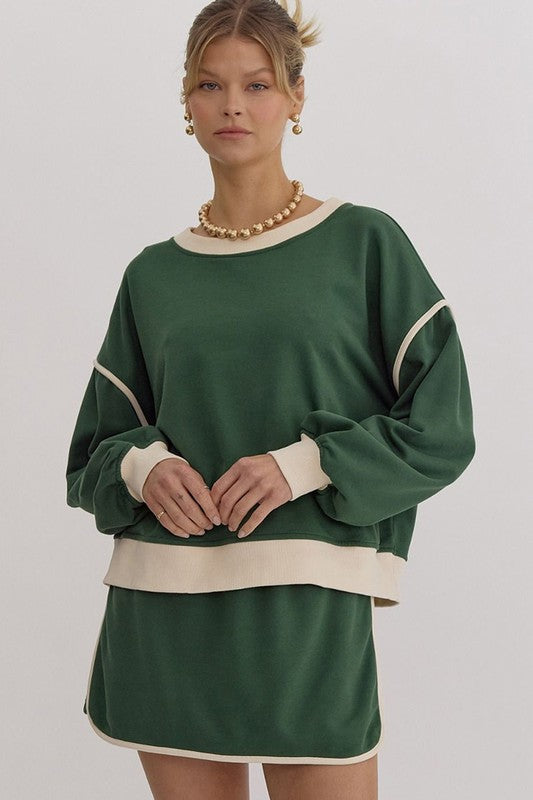 Color Loose Pullover and Lace-up Waist Skort Set