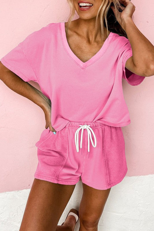 Drop Shoulder Tee Patchwork Drawstring Shorts Set