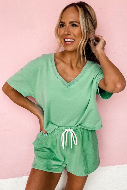 Drop Shoulder Tee Patchwork Drawstring Shorts Set