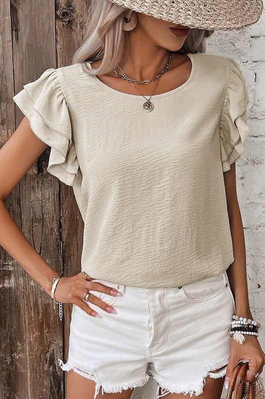 Solid Color Ruffled Short Sleeve Casual Blouse