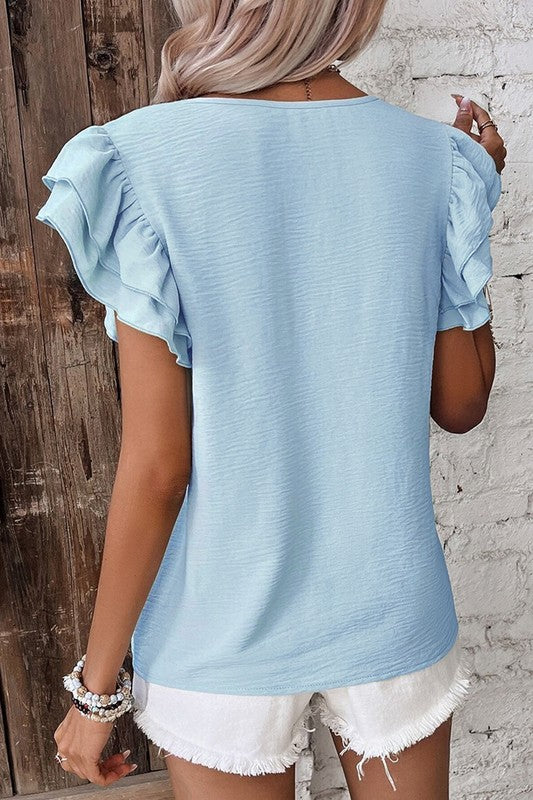 Solid Color Ruffled Short Sleeve Casual Blouse