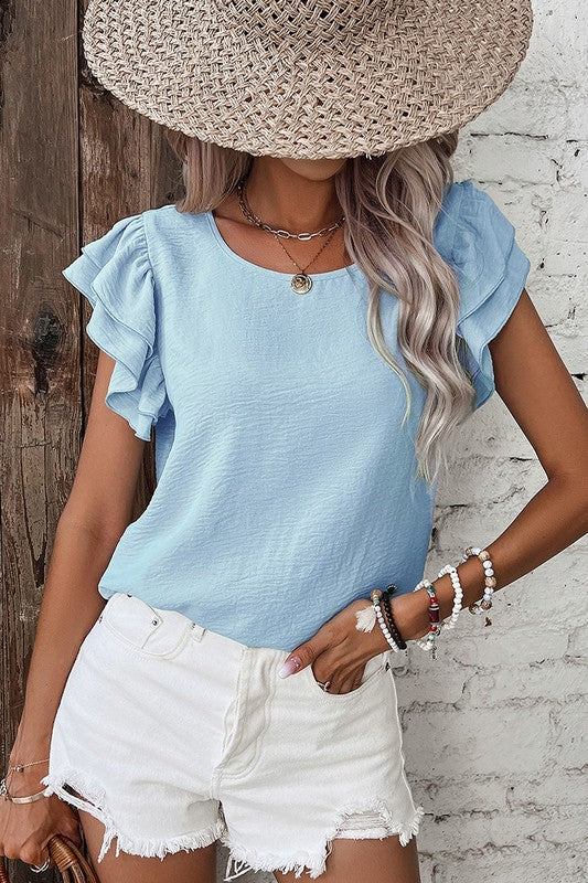 Solid Color Ruffled Short Sleeve Casual Blouse