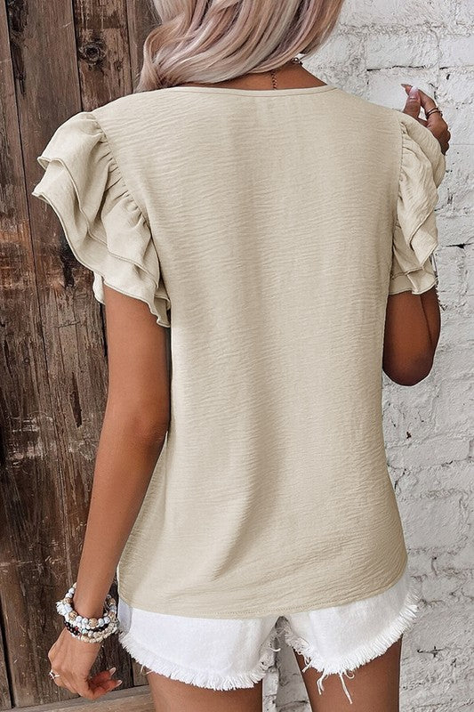 Solid Color Ruffled Short Sleeve Casual Blouse
