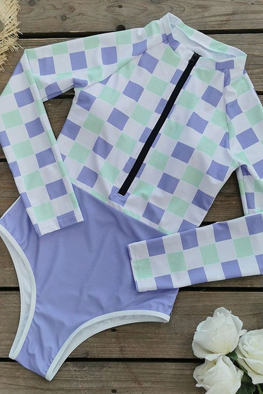 Plaid Printed Long Sleeve Swimsuit UPF50 RashGuard