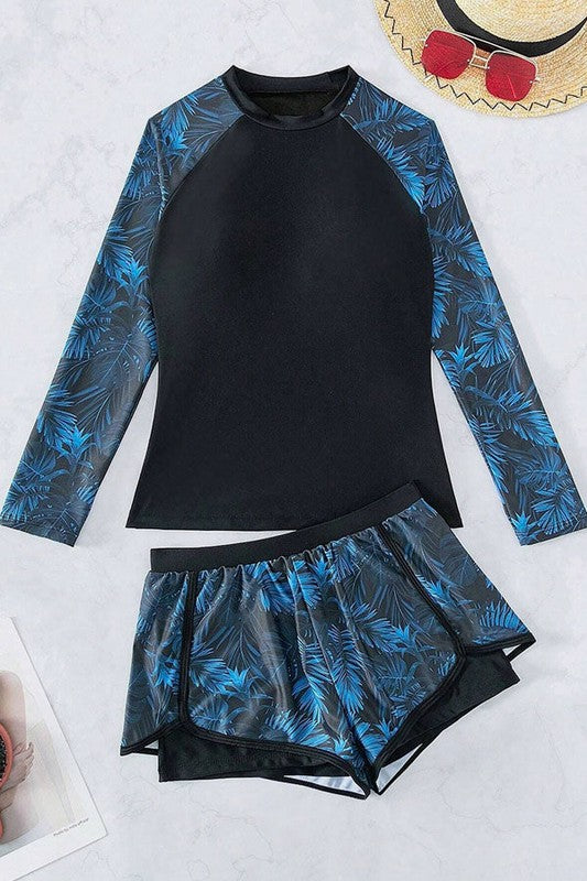 Tropical High Neck Shorts Long Sleeve Swimsuit