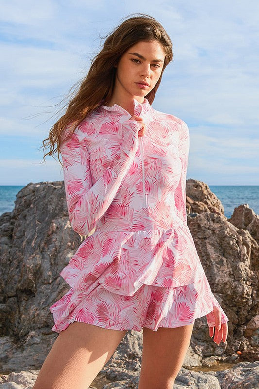 One-Piece Long Sleeve UPF50 Ruffle Skirt Swim Suit