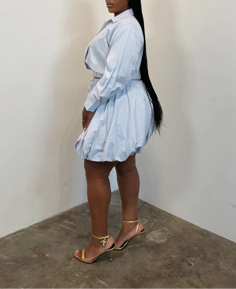 Striped Crop Shirt & Bubble Skirt Set (Plus)
