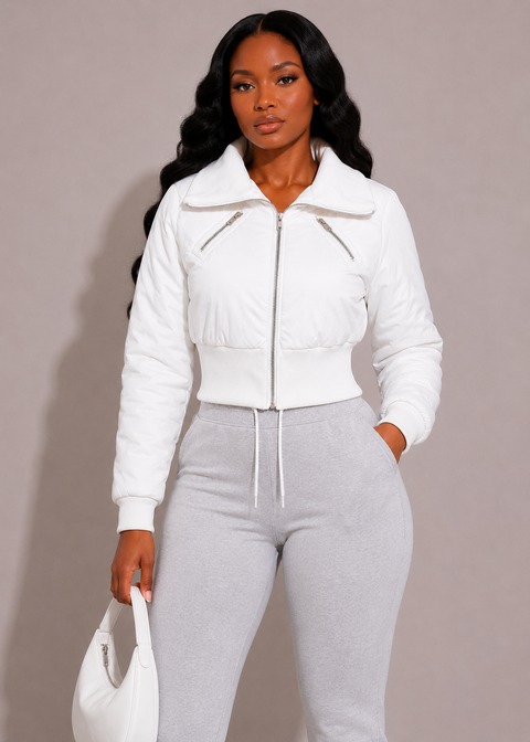 Faux PU Contrast Puffer Jacket