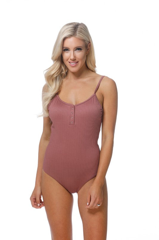 Solid Ripped One Piece Swimsuit with Button