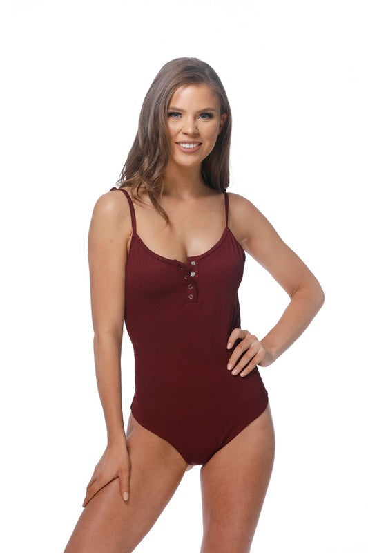 Solid Ripped One Piece Swimsuit with Button