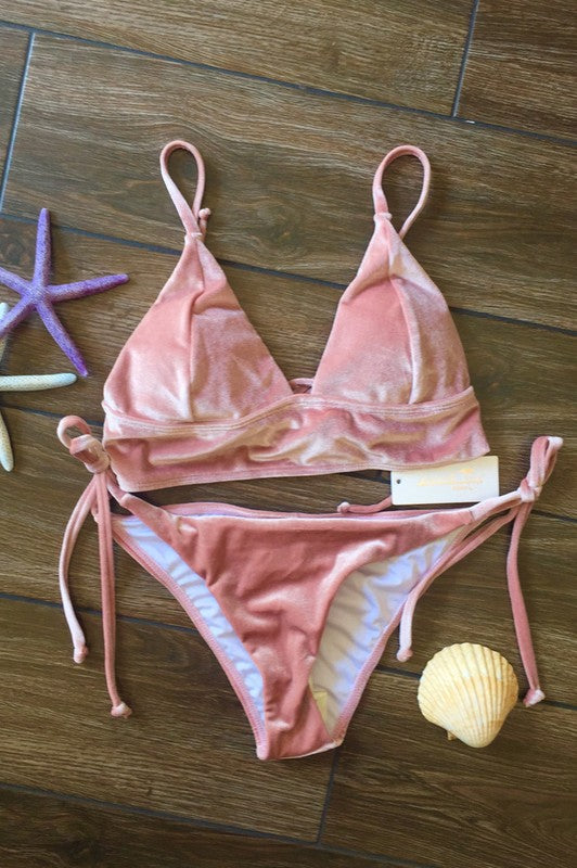 Solid Velvet Halter Bikini Set